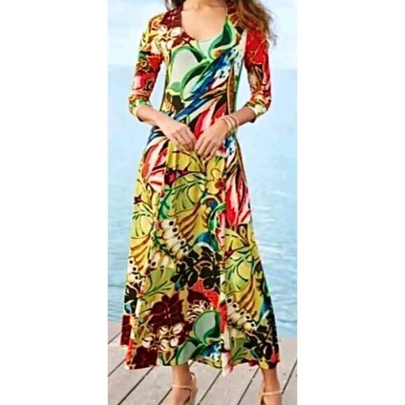 Soft Surroundings Women's Multi Stretch Knit Tropical Magnolia Midi Dress | L - Picture 1 of 9